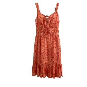 American Eagle Floral Print Smocked Midi Dress Coral Pink Tie Neck Size S